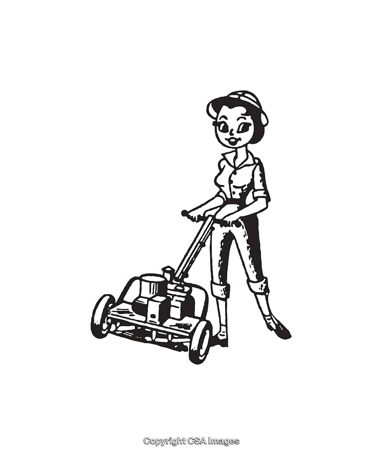 Black and White Line Art of a Woman Pushing a Lawn Mower