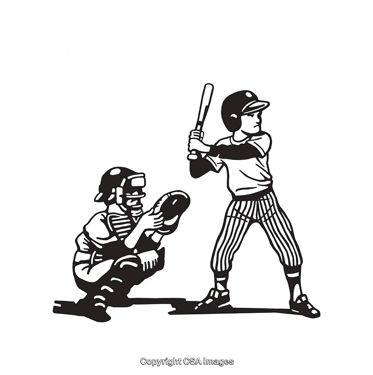 Black and White Line Art Illustration of a Baseball Game Scene