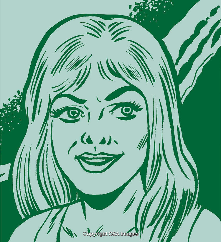 Retro Style Line Drawing Portrait of a Smiling Woman in Nature