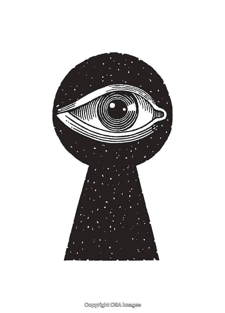 Eye Within A Keyhole Illustration in Black and White Line Art
