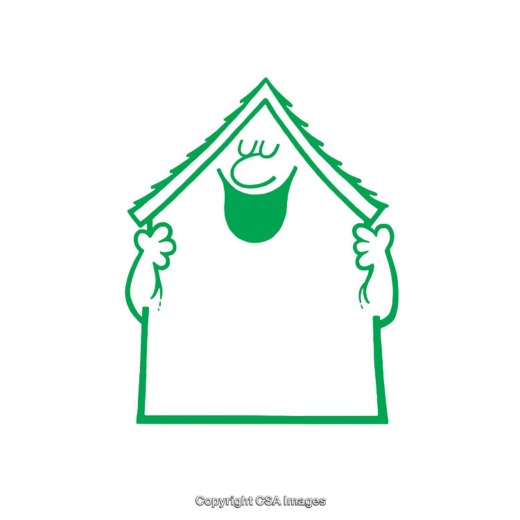 Cartoon House Character with Cheerful Face and Green Line Style Sketch