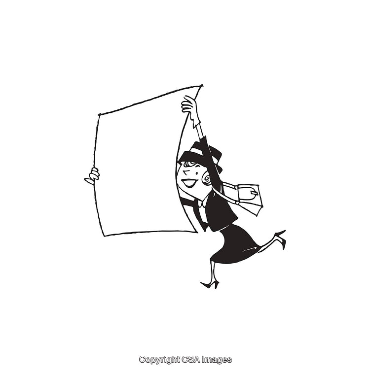 Energetic Businesswoman Holding a Large Banner in Stylish Illustration