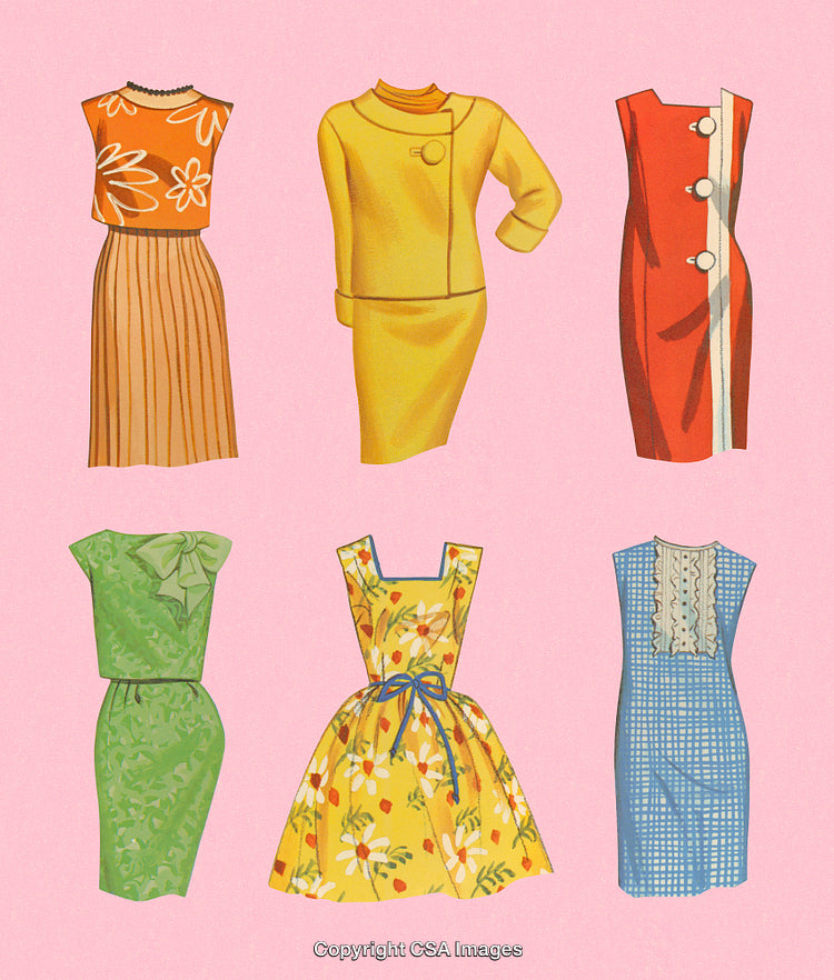 Vintage Illustration of Diverse Fashionable Dresses on Pink Background