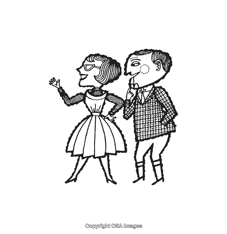 Vintage Black and White Line Art of a Man and Woman in Conversation
