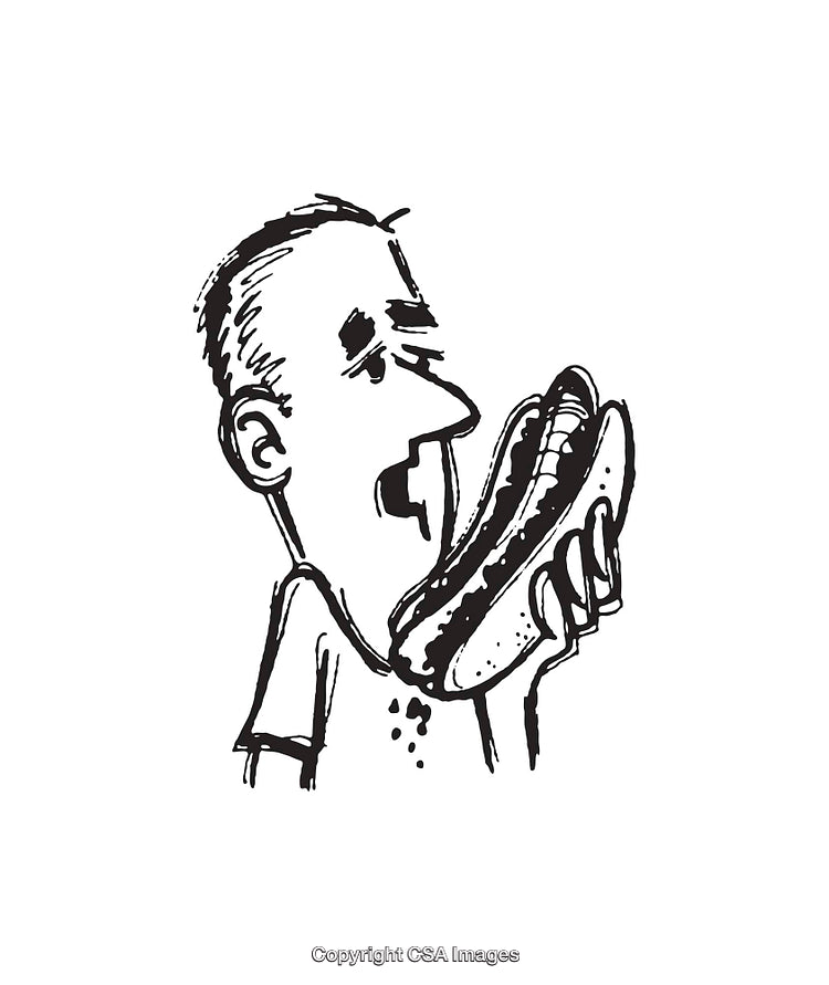 Black and White Line Art of a Person Eating Hotdog Enthusiastically