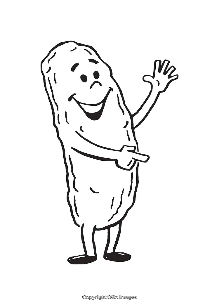Cartoon Pickle Character Smiling and Waving in Black and White Line Art