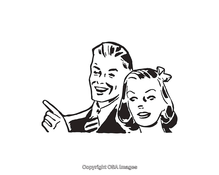 Retro Black and White Line Art Illustration of a Smiling Couple