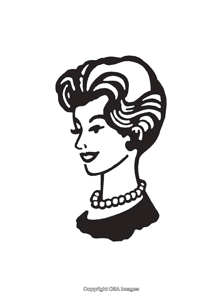 Black and White Line Art of Retro Woman with Elegant Appearance