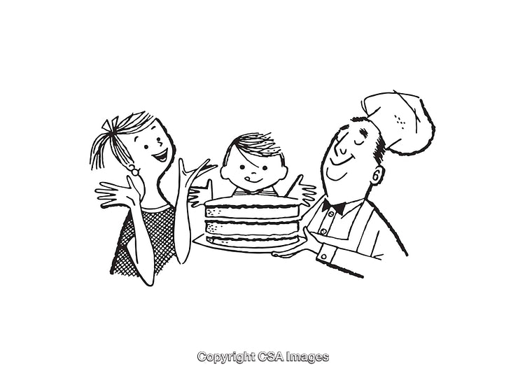 Family Celebrating With Chef Holding Birthday Cake in Line Art Illustration