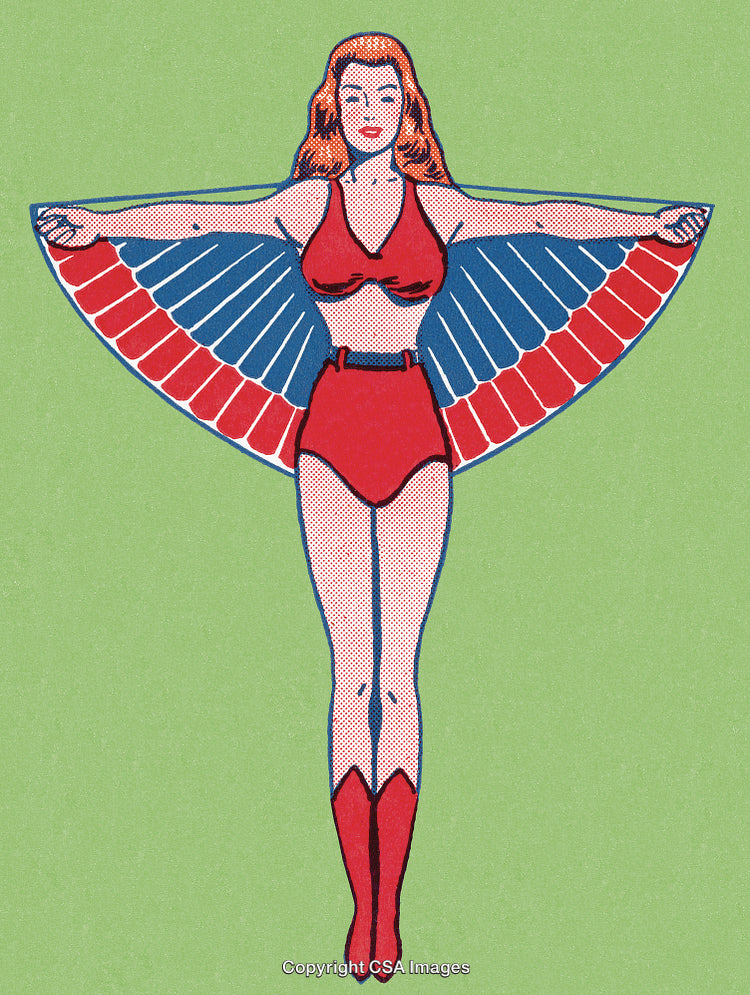 Retro Illustrated Female Character in Colorful Superhero Costume on Green Background