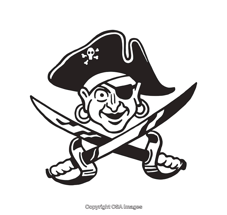 Black and White Pirate Illustration with Swords and Skull Hat