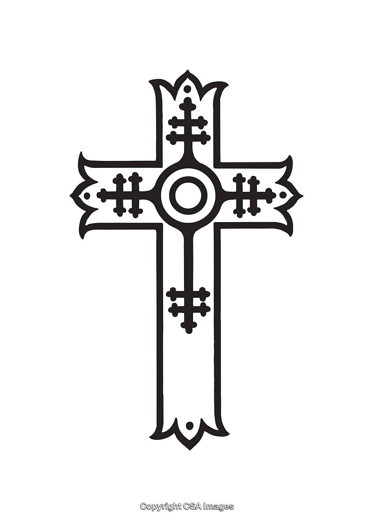 Intricately Designed Black and White Religious Cross Line Art Illustration