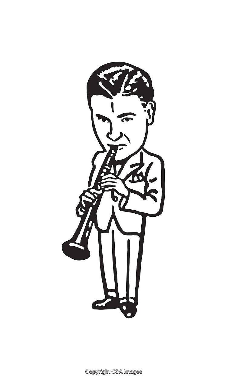 Black and White Illustration of a Musician Playing a Clarinet