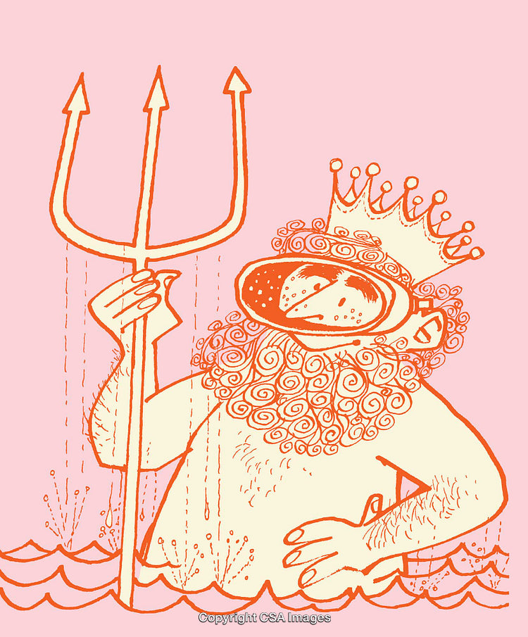 Whimsical Illustration of a Sea King Holding a Trident with a Crown