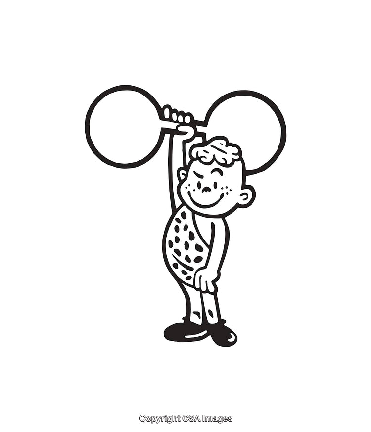 Cartoon Caveman Lifting Weights in Black and White Line Art Style