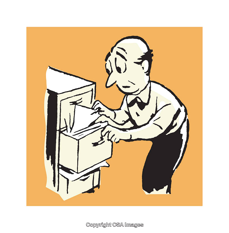 Illustrated Man Organizing Files in a Filing Cabinet Drawer