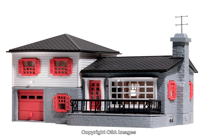 Toy House With Red Windows and Stone Design Exterior