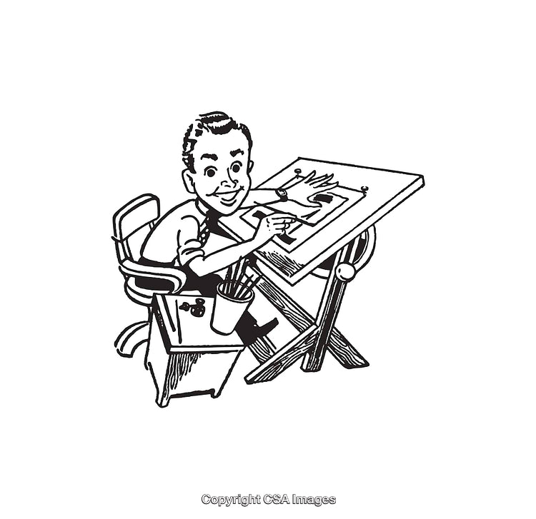 Black and White Illustration of a Cartoon Artist at a Drawing Desk