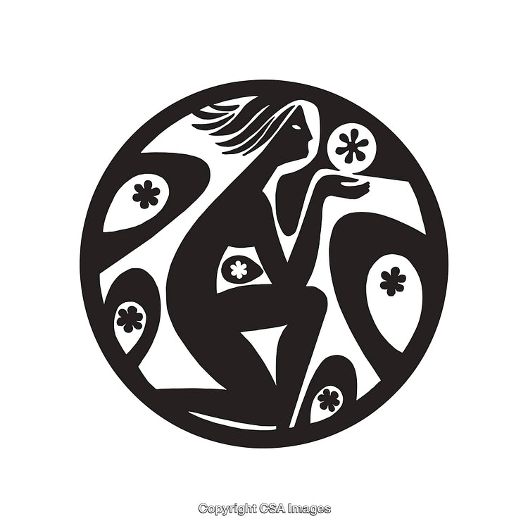Stylized Black and White Art of a Woman With Botanical Motifs