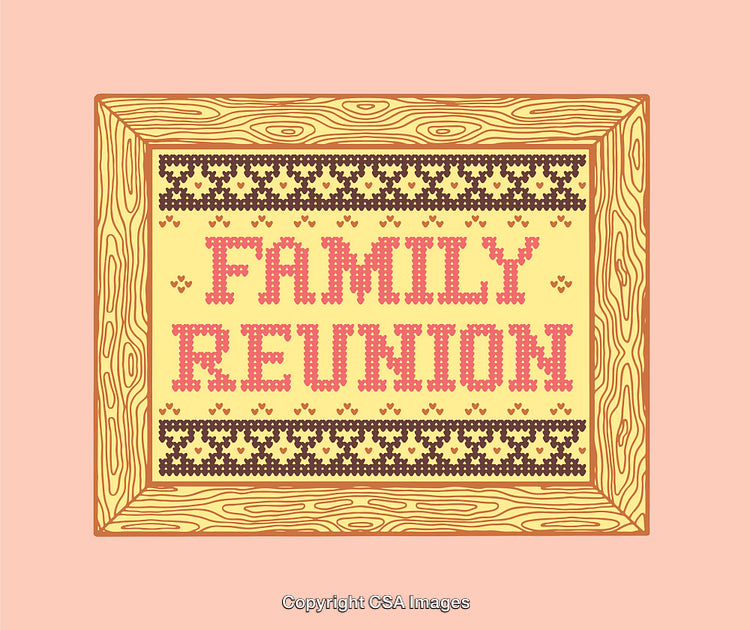 Framed Cross-Stitch Family Reunion Design on Pink Background
