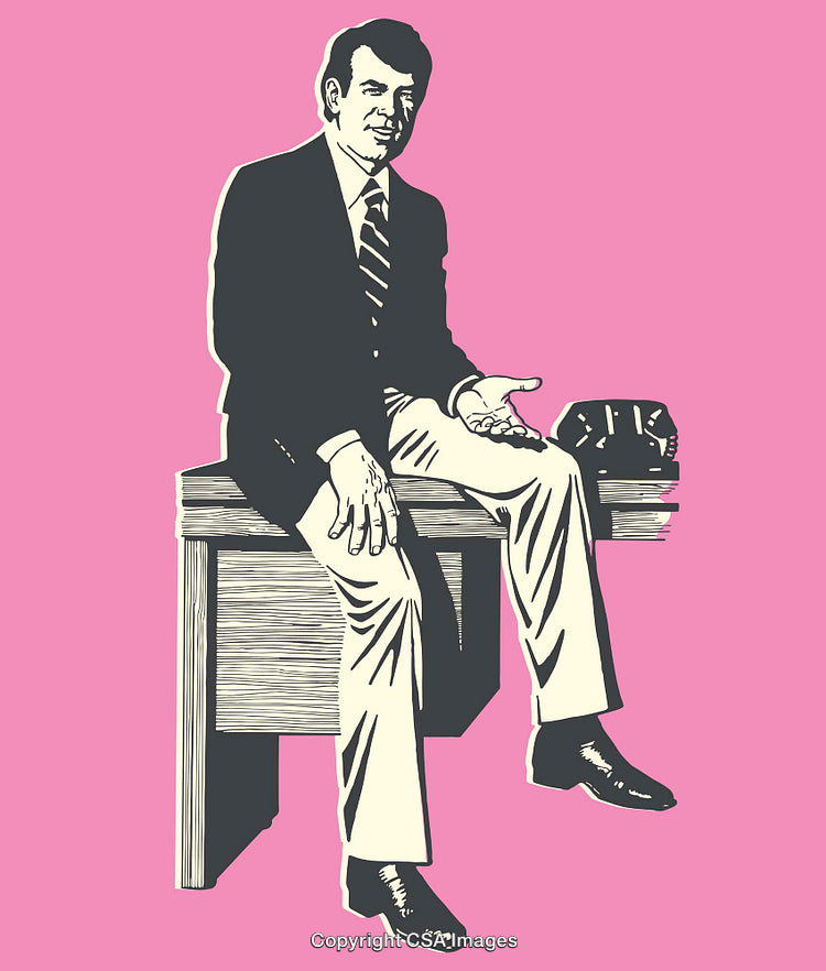 Businessman Sitting on Desk in Retro Line Art Illustration