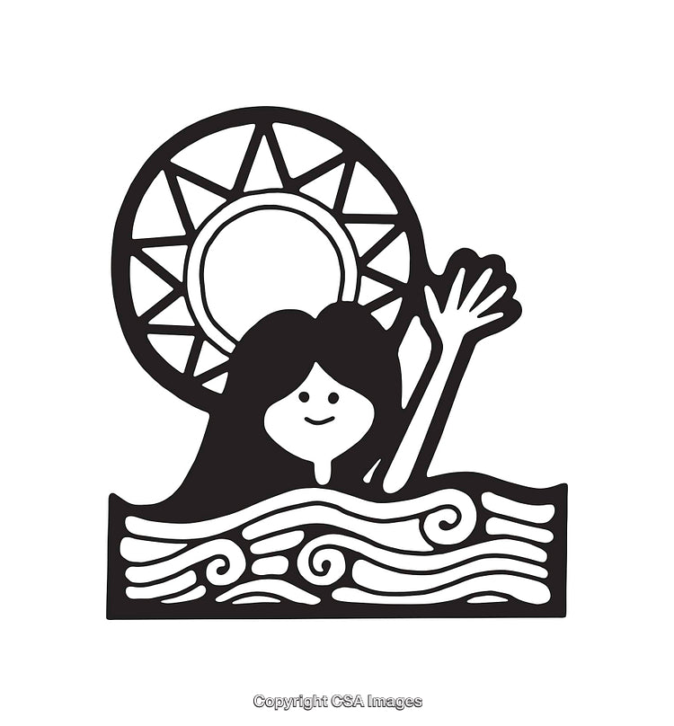 Black and White Illustration of a Girl Waving Amid Waves and Sun Art