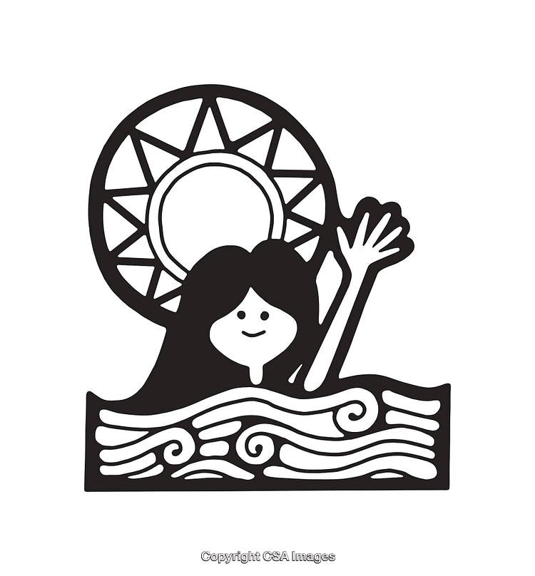 Black and White Illustration of a Girl Waving Amid Waves and Sun Art