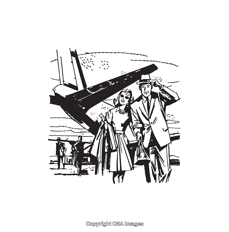 Black and White Vintage Line Art of Stylish Couple Near Airplane