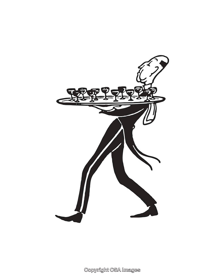 Elegant Cartoon Waiter Carrying Wine Glasses On A Tray