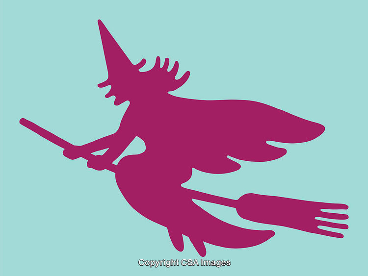 Silhouette of a Flying Witch on a Broomstick Against a Blue Background