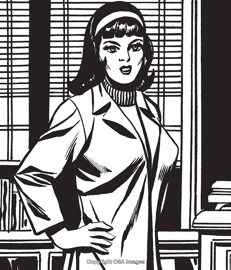 Retro Styled Black and White Portrait of Woman in Vintage Office