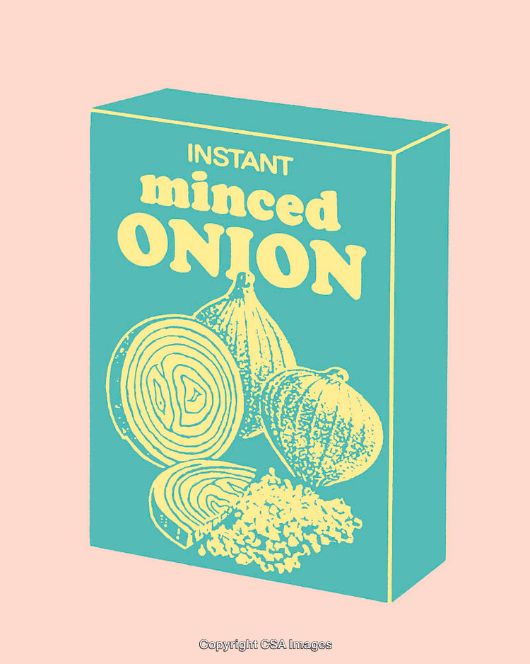 Retro-Style Instant Minced Onion Packaging Illustration in Pastel Colors