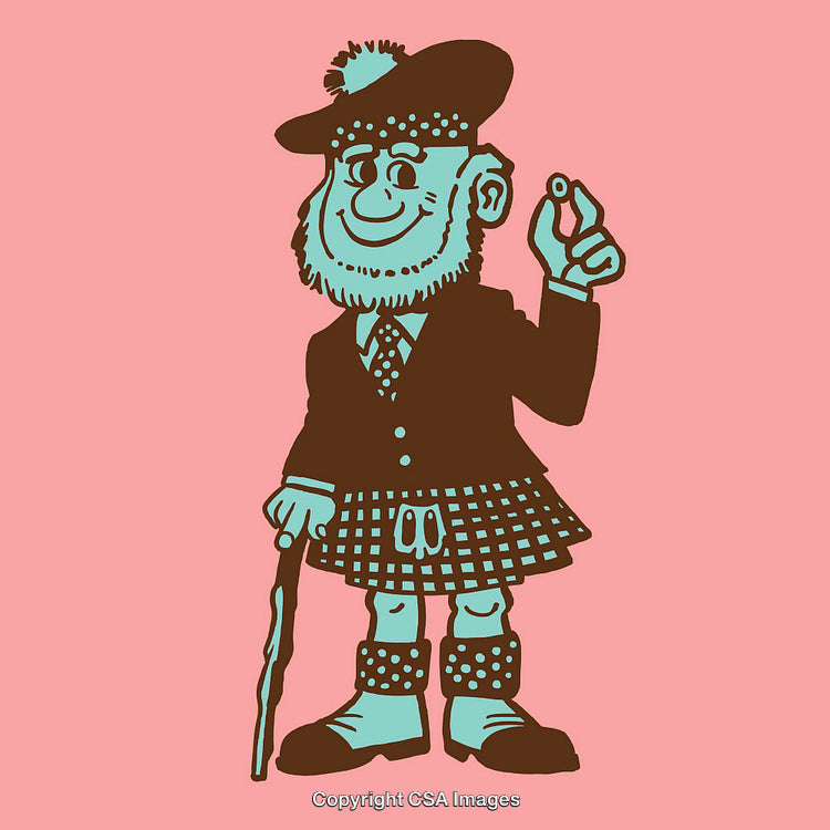 Colorful Illustration of a Man in Traditional Scottish Attire with a Cane