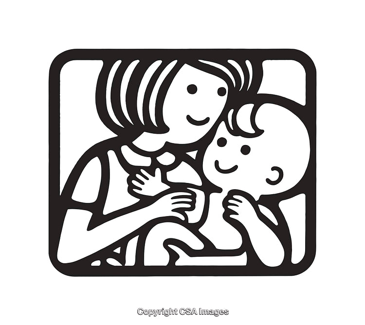 Monochrome Illustration of Mother and Child in Embrace Line Art Style