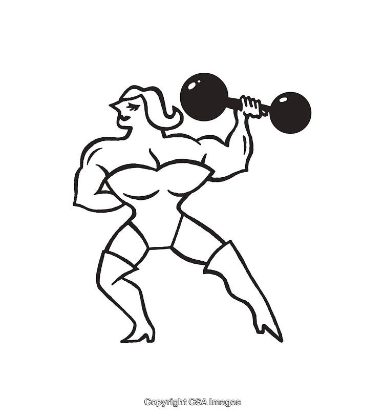Black and White Line Art of a Female Weightlifter in Action