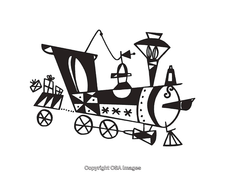 Retro Black and White Line Art of a Gift-Laden Train