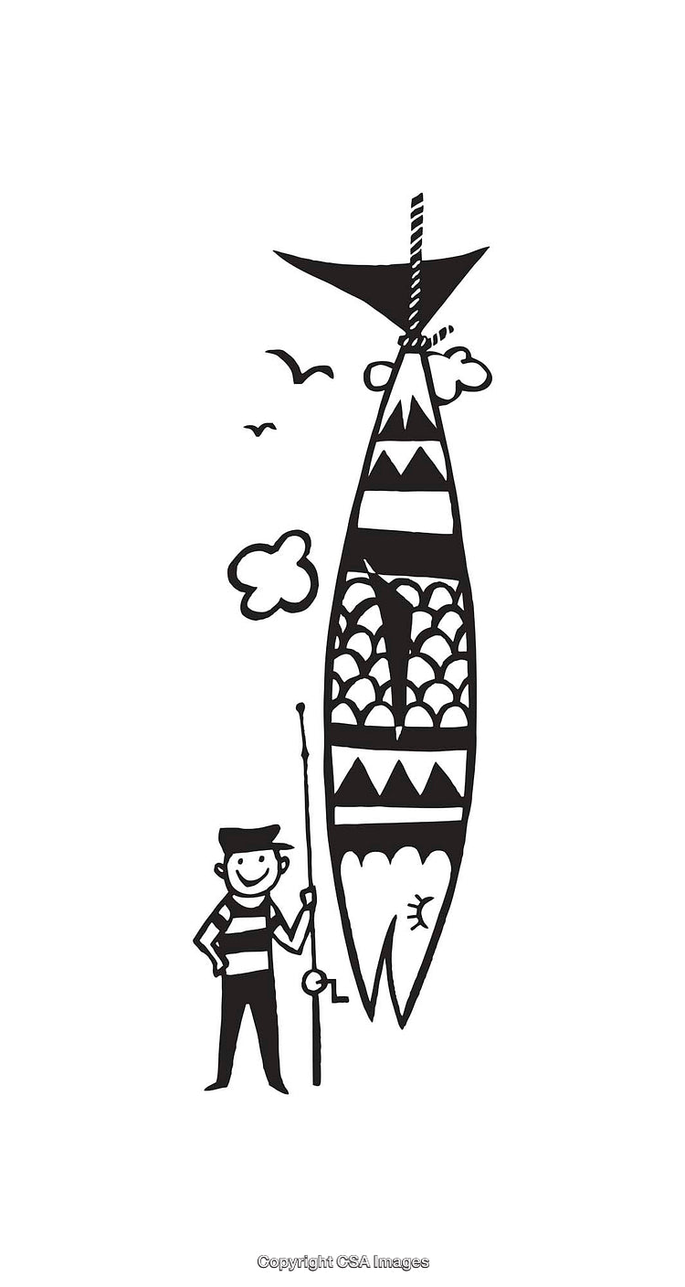 Line Art Illustration of Fisherman And Large Suspended Fish