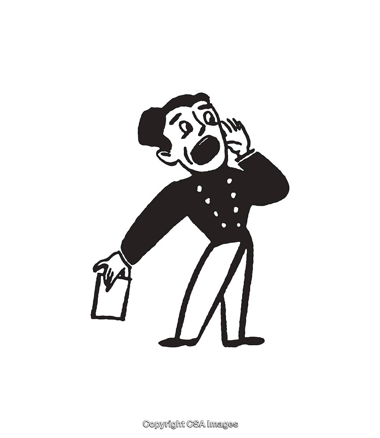 Vintage Line Art Illustration Depicting a Calling Gentleman with Paper