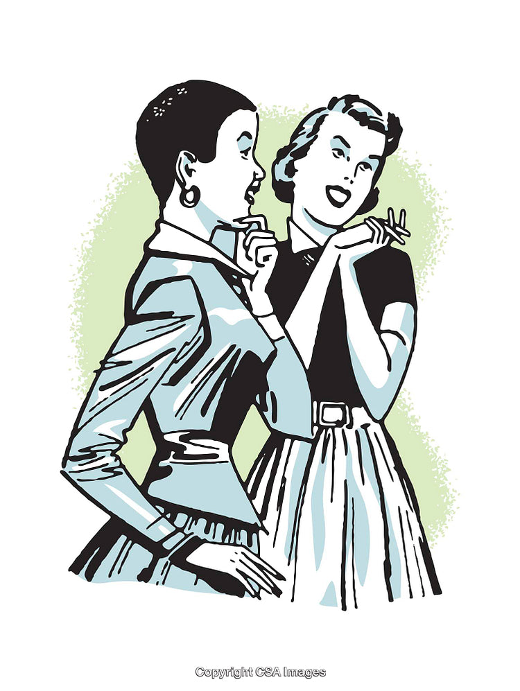 Charming Retro Style Illustration of Two Women Conversing Joyfully