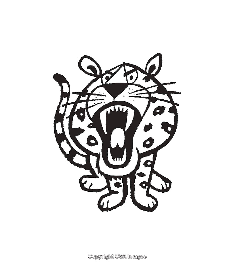 Black and White Roaring Leopard Line Art Illustration in Stylized Design