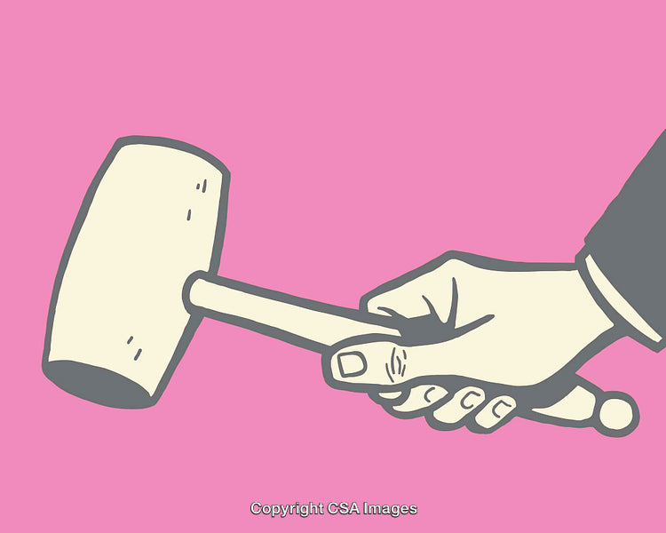 Hand Holding Wooden Gavel on Bright Pink Background Line Art Illustration