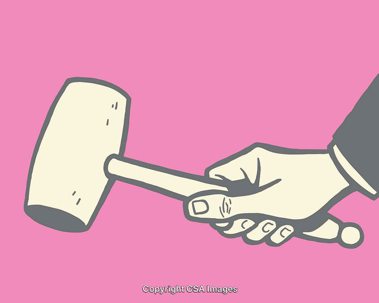 Hand Holding Wooden Gavel on Bright Pink Background Line Art Illustration