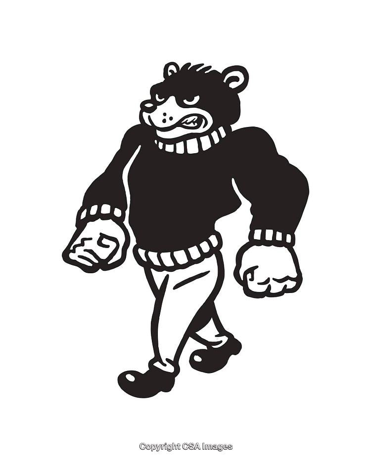 Black and White Illustration of a Walking Anthropomorphic Bear