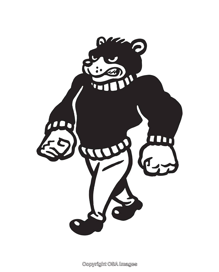 Black and White Illustration of a Walking Anthropomorphic Bear