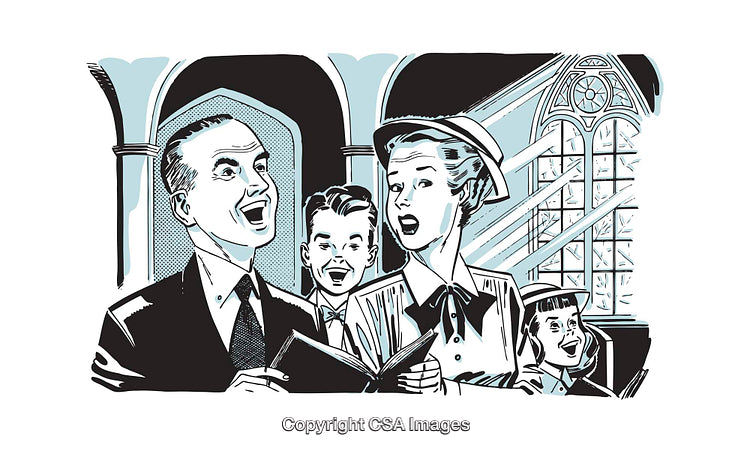 Family Singing Harmony Together in Retro Style Church Setting Illustration