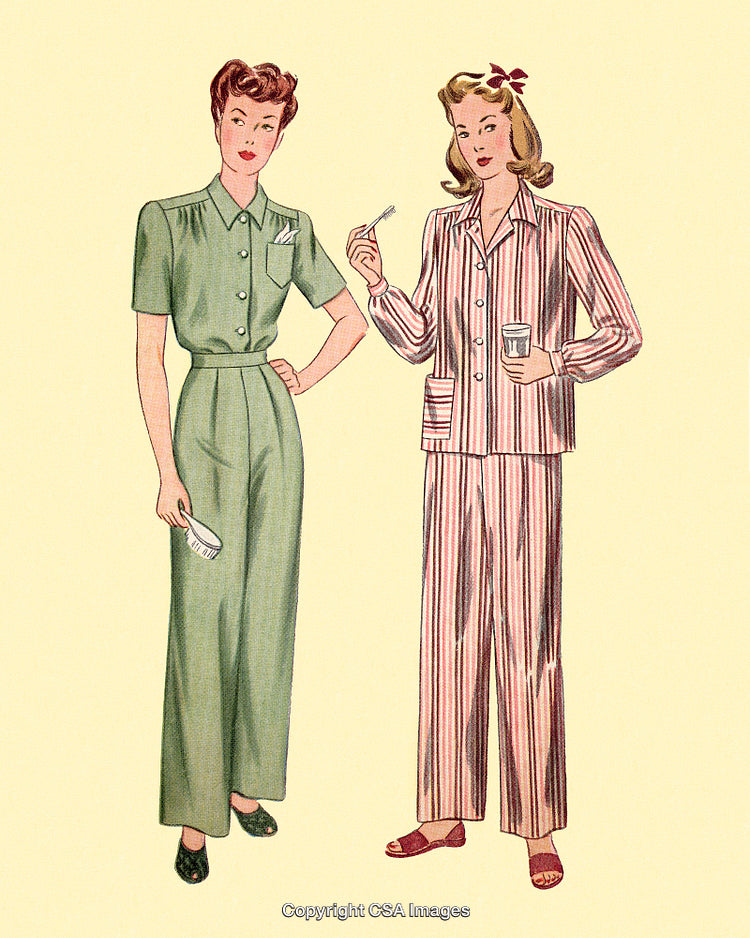 Vintage Illustration of Women in Mid-20th Century Loungewear and Pajamas