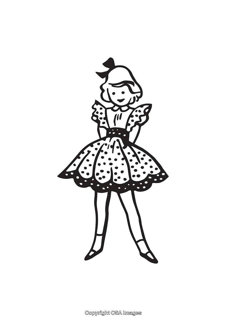 Black and White Line Art Illustration of a Girl in a Polka Dot Dress