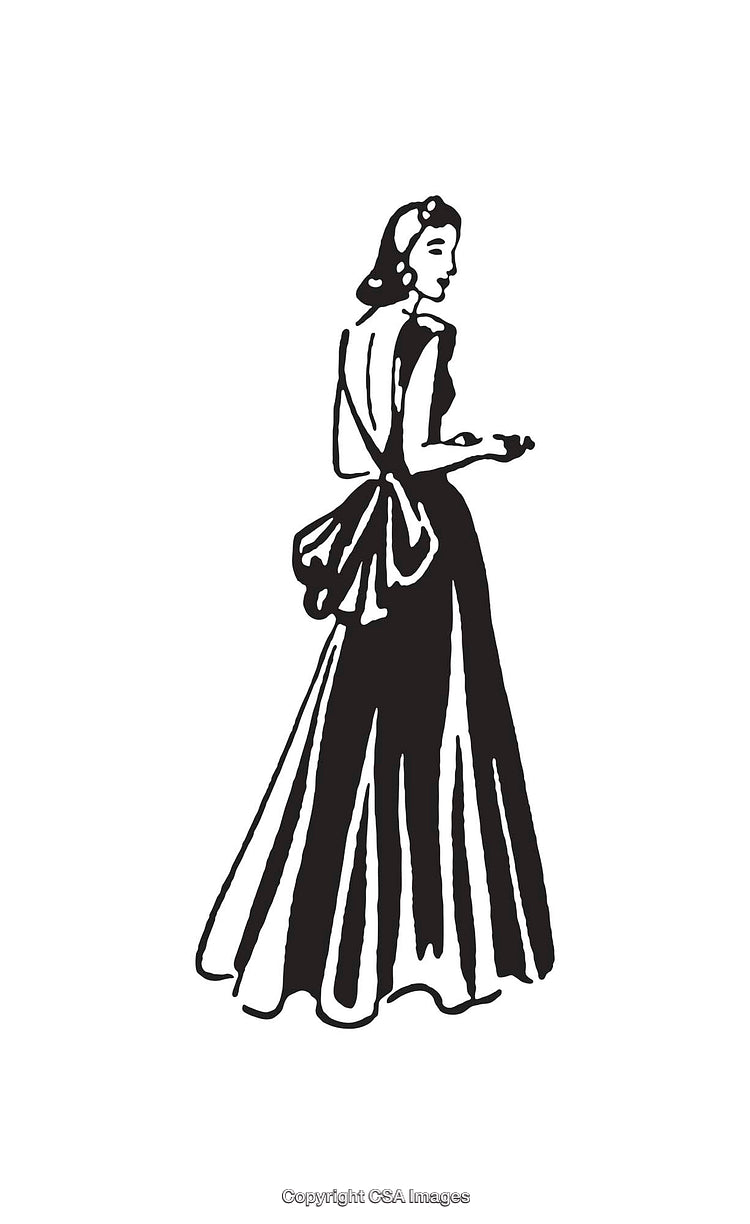 Elegant Black and White Line Art Illustration of a Woman in Eveningwear