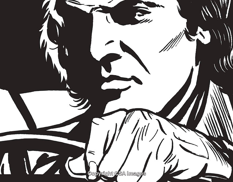 Monochrome Illustration of a Serious Driver Holding the Steering Wheel