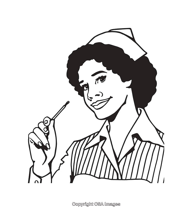Black and White Line Art Illustration of a Smiling Nurse Holding a Tool